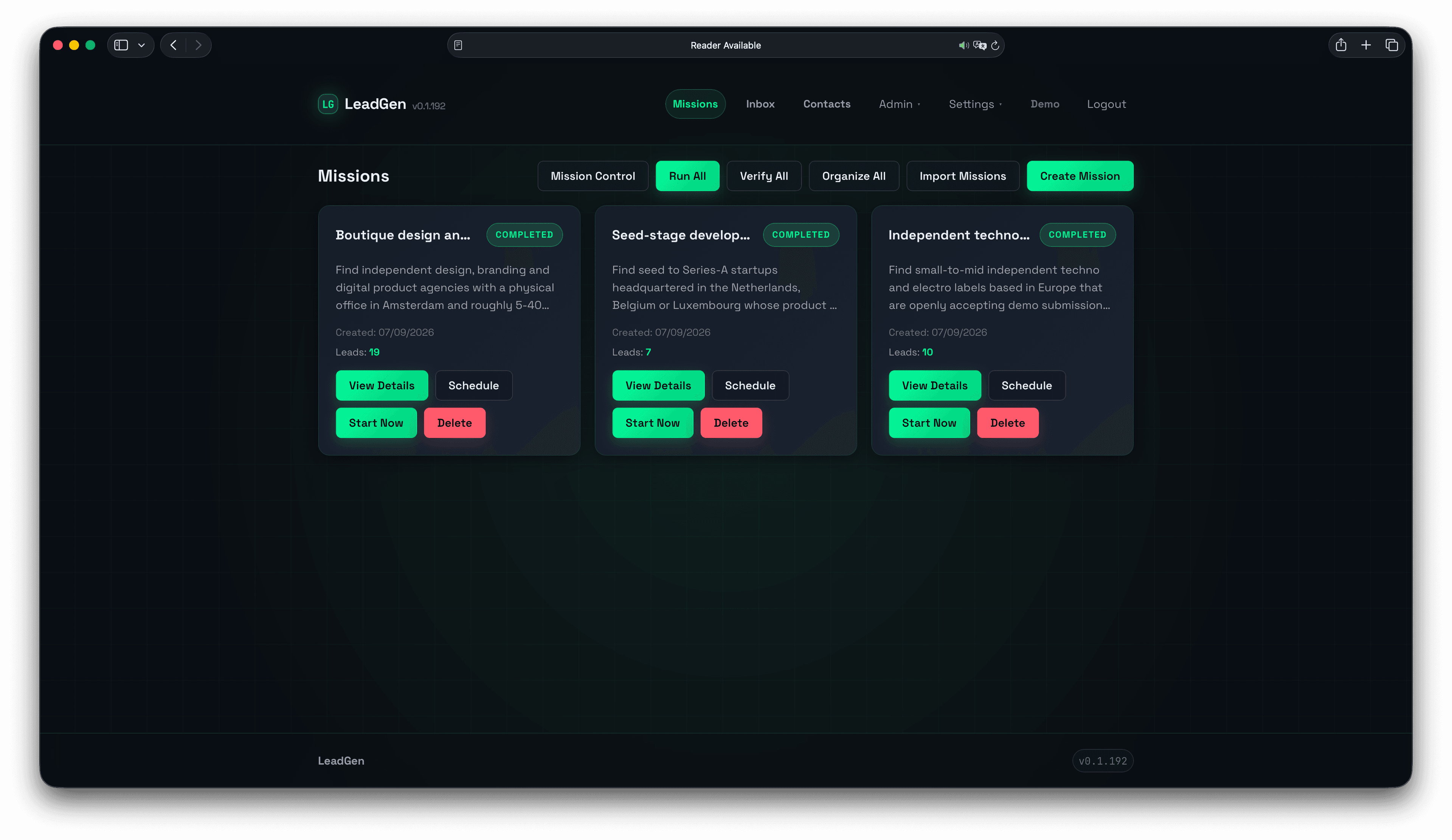 LeadGen Missions page with three completed mission cards and controls to run, verify, organize, import, or create missions