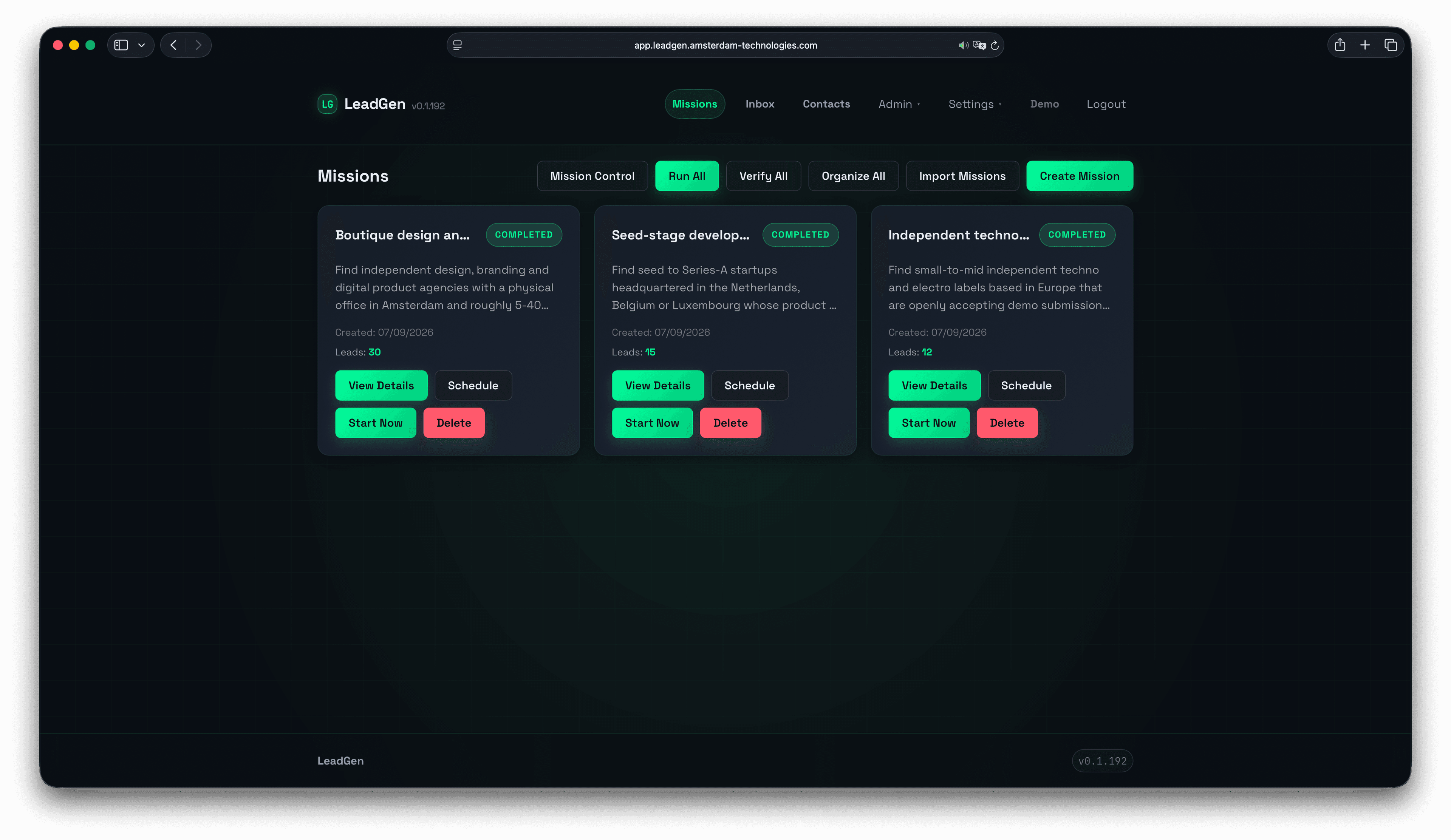 LeadGen Missions dashboard showing three completed prospecting missions with lead counts and action buttons