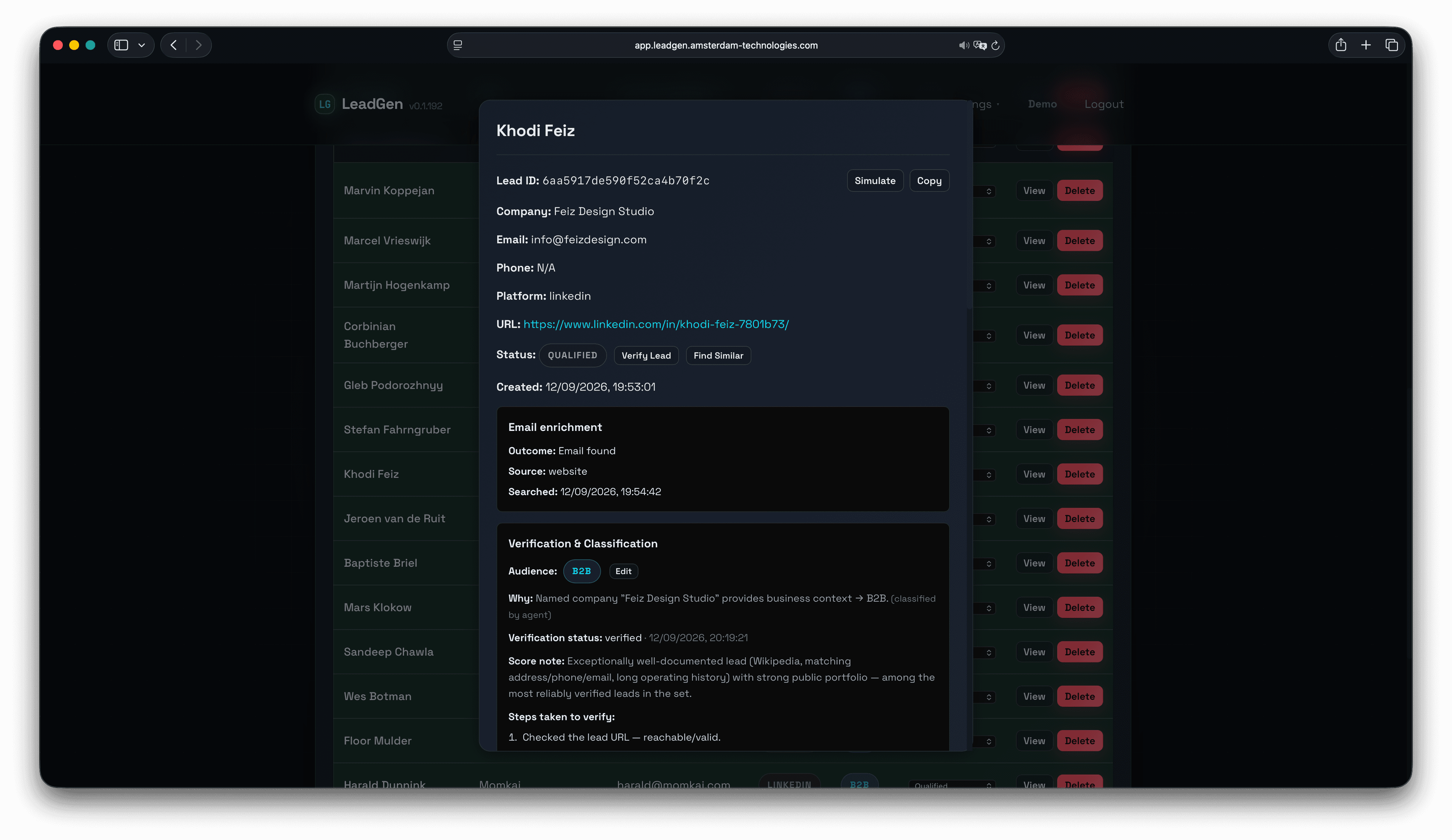 Lead detail panel showing company, contact channel, LinkedIn profile, email enrichment result, and verification summary