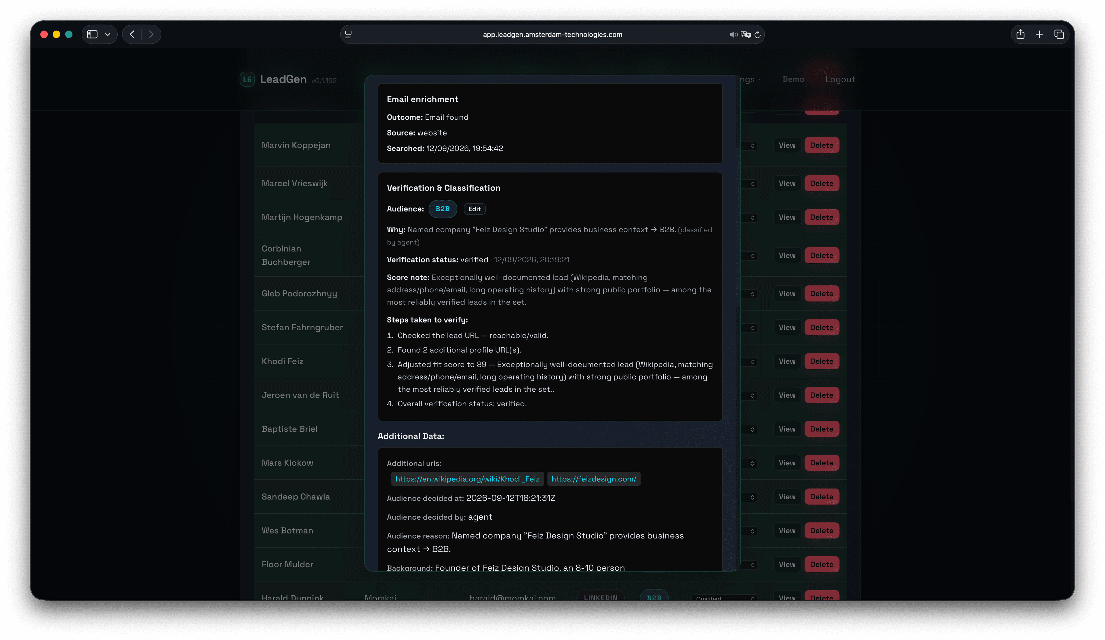 Lead detail panel with email enrichment outcome, B2B classification, verification steps, and supporting URLs