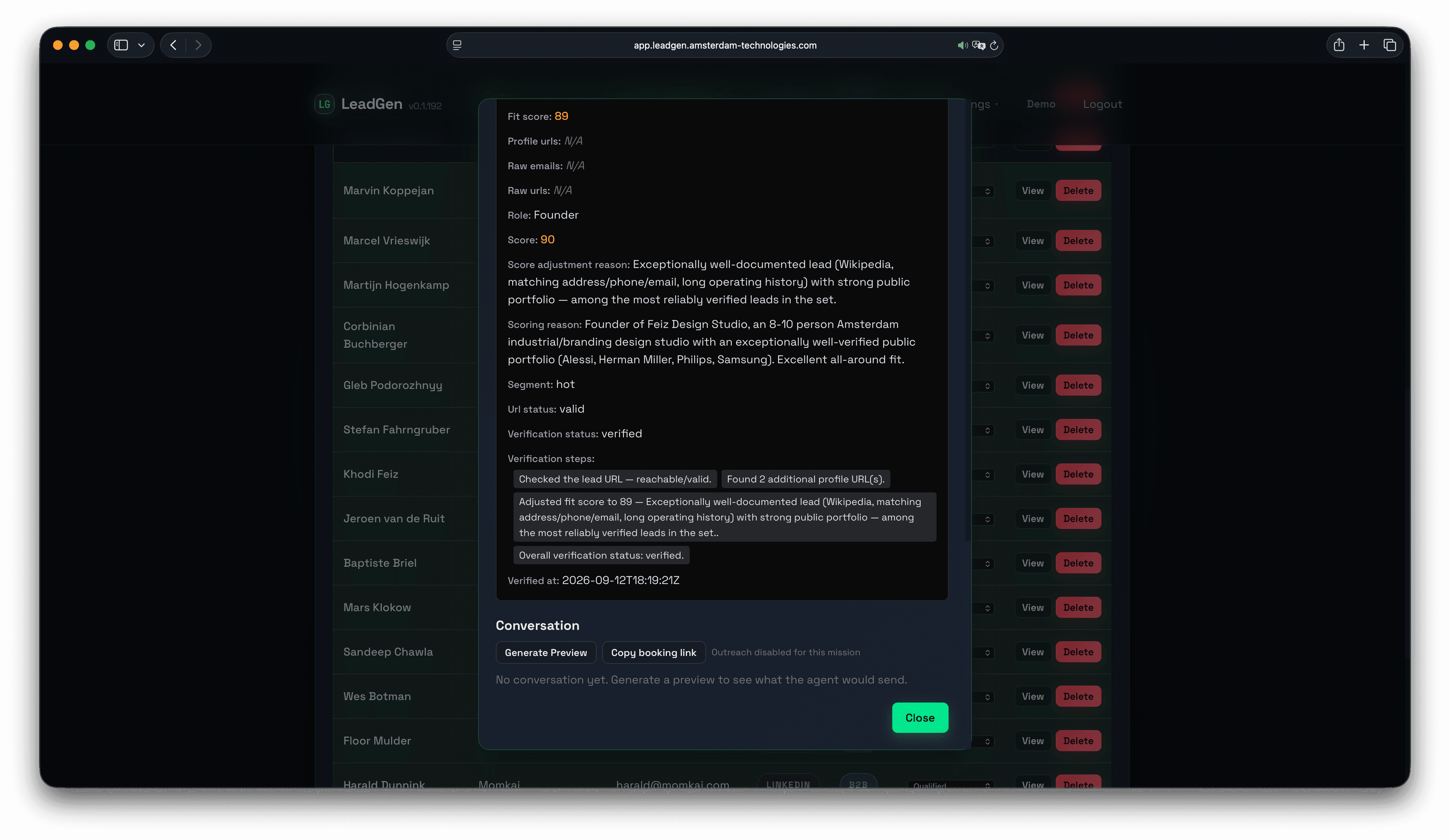 Lead detail panel with fit score, scoring rationale, hot segment, verification status, and conversation controls