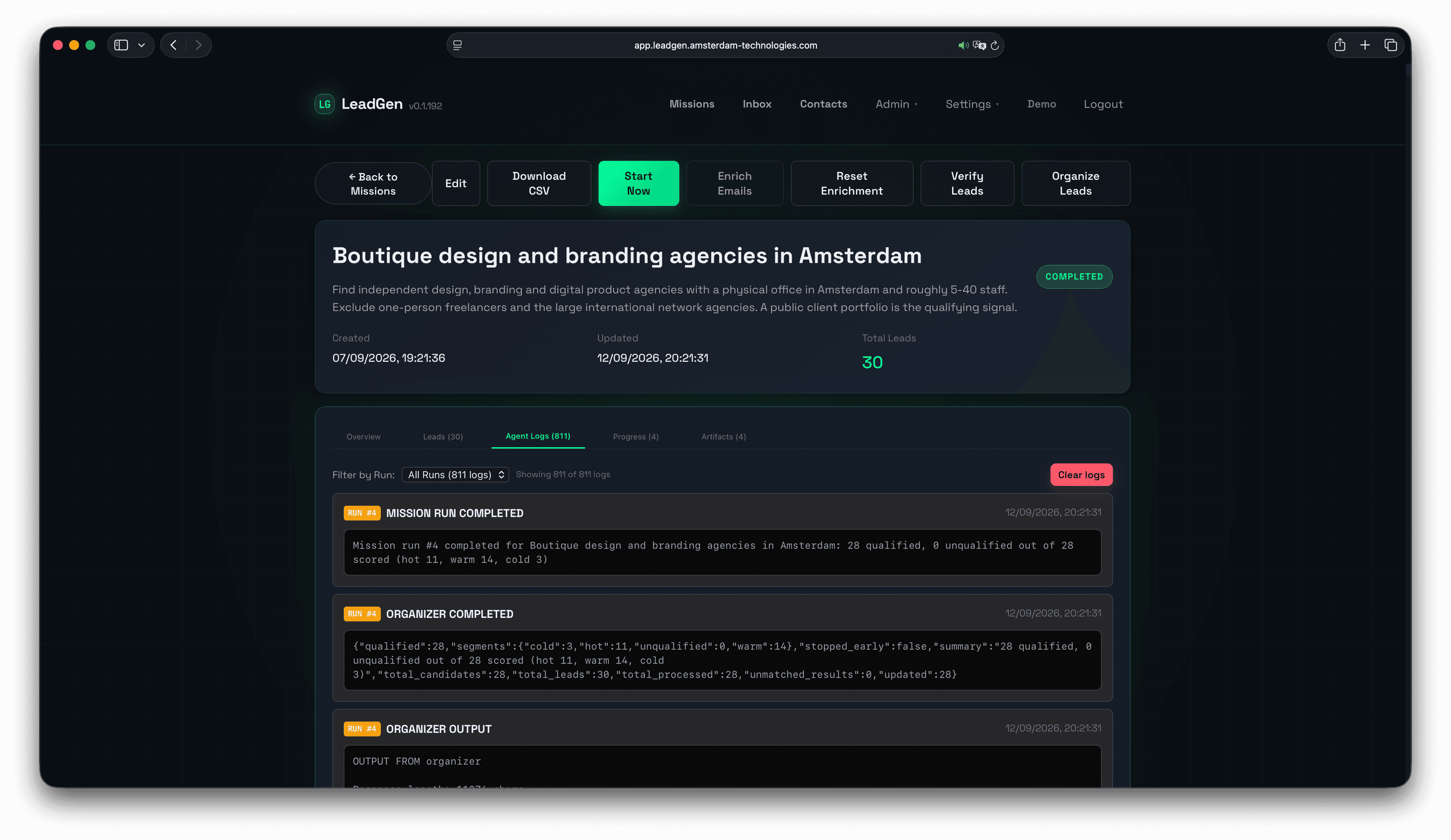 Agent Logs tab showing a completed mission run and organizer output with timestamps and structured results