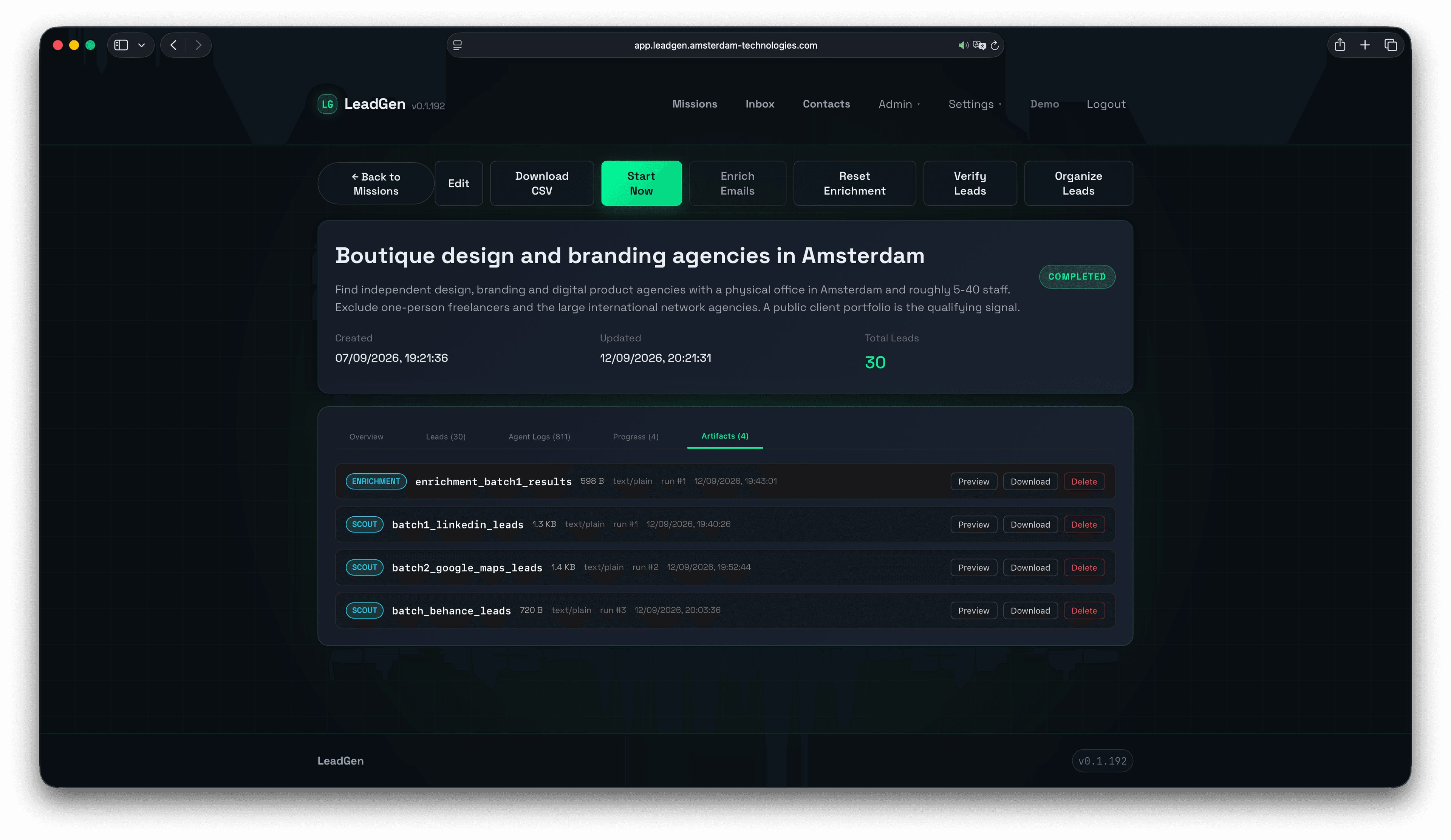 Artifacts tab listing enrichment and scouting result files with type, size, run number, timestamp, and actions