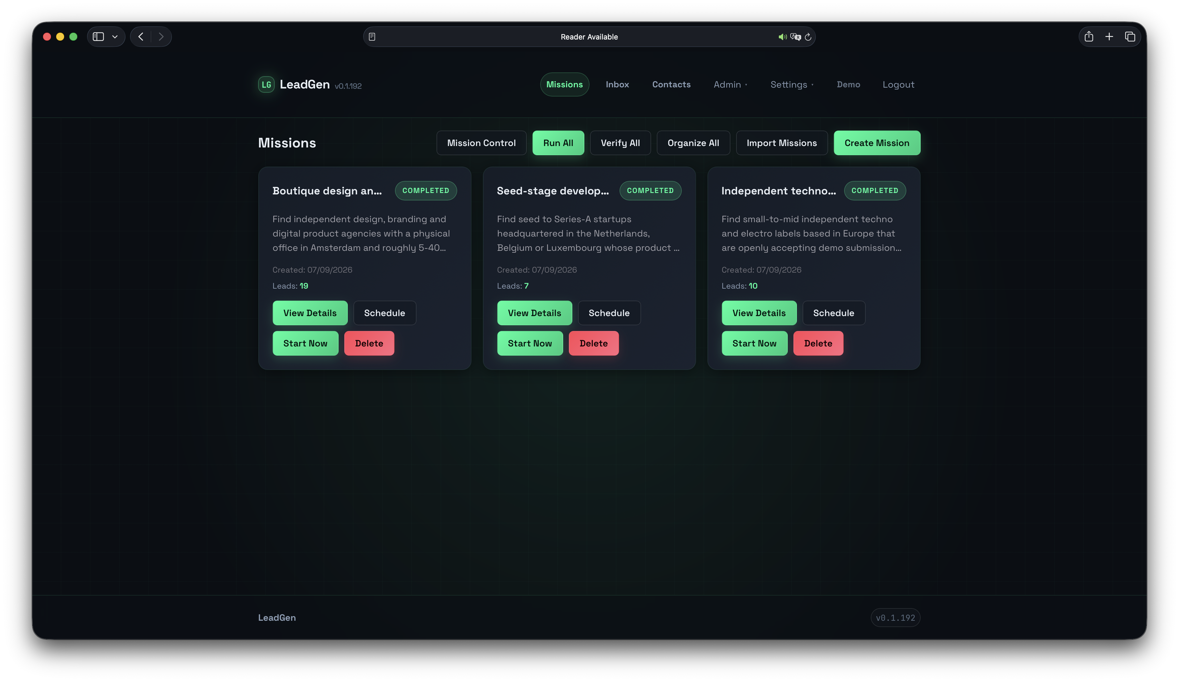 LeadGen Missions page with three completed mission cards and controls to run, verify, organize, import, or create missions