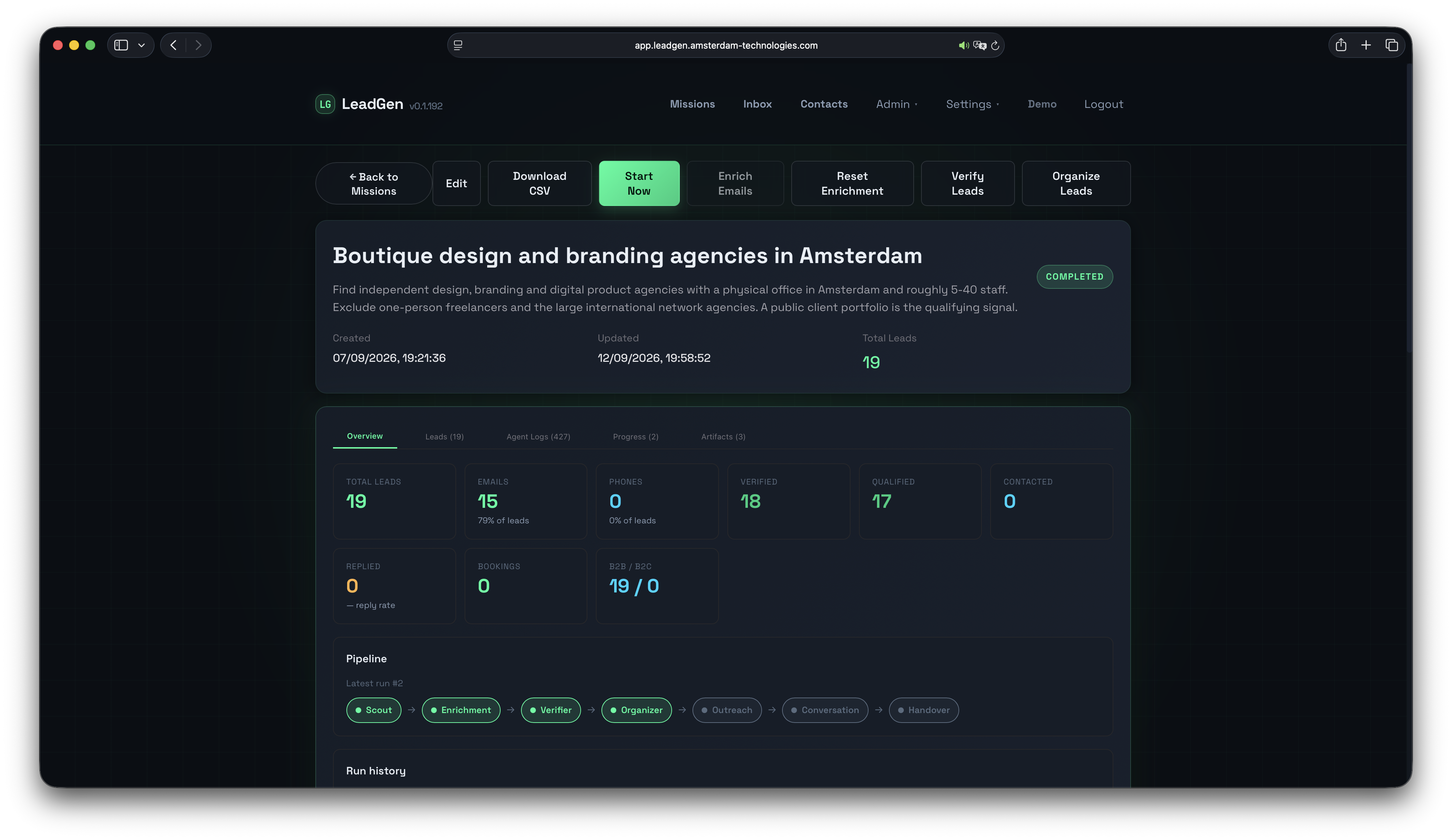 Completed Amsterdam design-agency mission with lead, email, verification, qualification, and pipeline metrics