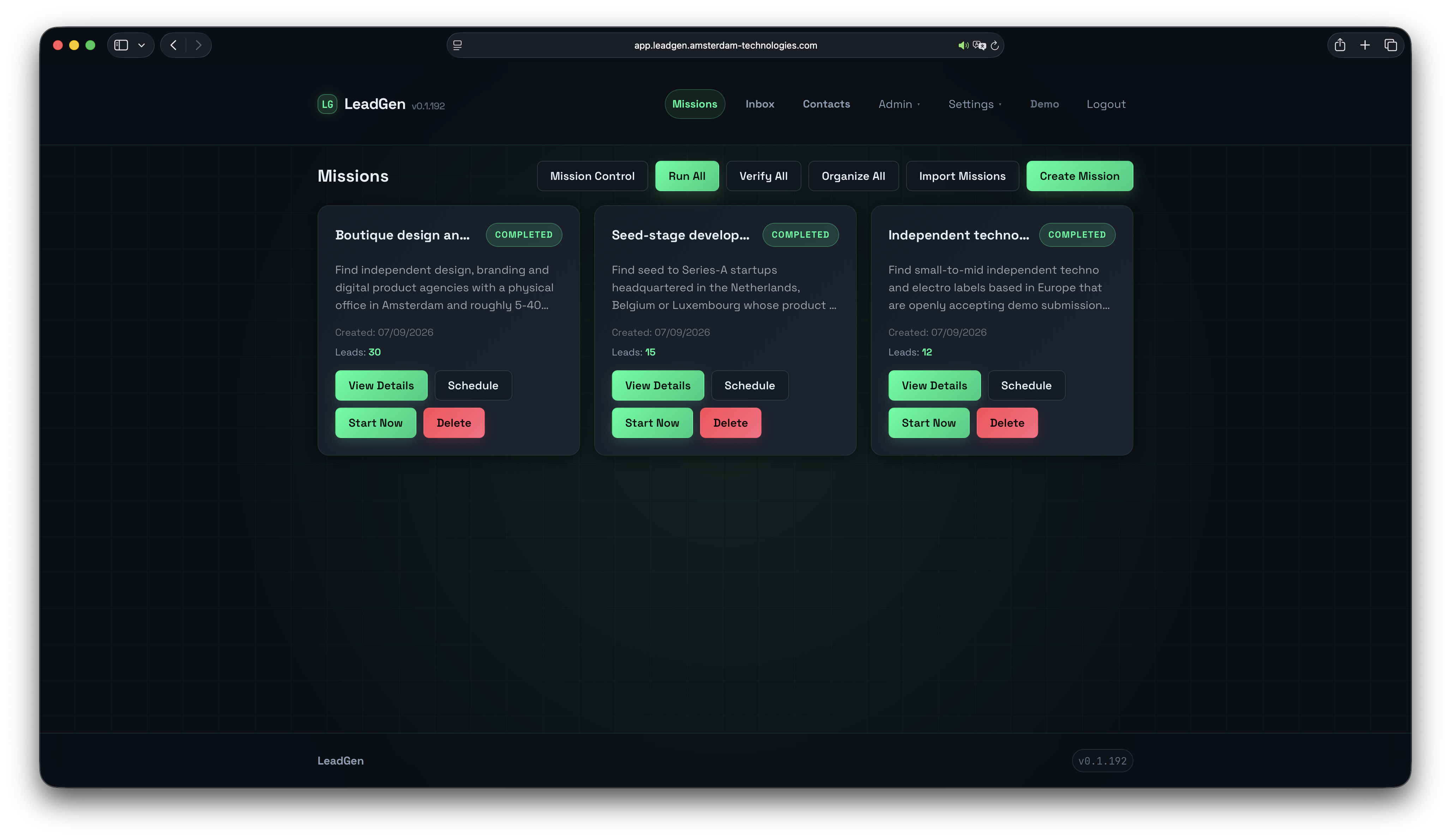 LeadGen Missions dashboard showing three completed prospecting missions with lead counts and action buttons